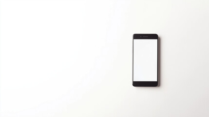 Black smartphone with a blank white screen on the right side of a solid white background, flat lay, top view, copy space concept
