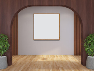 Empty picture frame mockup hanging on the wall of living room with plant decoration, parquet floor and wooden texture. Mockup for presentation photography, art gallery, poster. Modern interior design