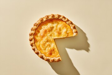 Top view of pie crust with one piece missing on plain table. Bright light. Simple background for National Pie Day