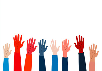 Obraz premium Colorful hands raised in air on white background, symbolizing diversity and unity