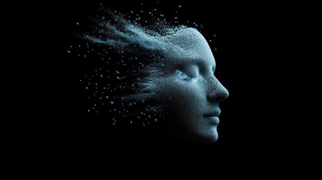 Face dissolving into digital particles in motion.