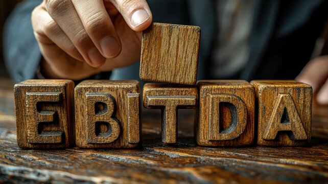 Businessman assembling wooden blocks spelling ebitda in office setting close-up perspective for financial concepts