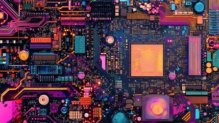 Abstract Circuit Board Background with Vibrant Colors and Complex Patterns, Perfect for Technology and Digital Design Projects