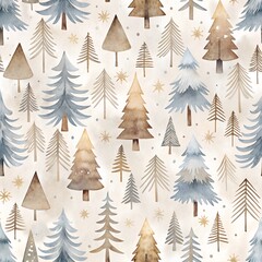 Obraz premium Serene Scandinavian Christmas Watercolor Pattern with Minimalist Trees and Stars in Neutral Tones Soft Textured Seamless Background Design for Holiday Decor and Festive Mood