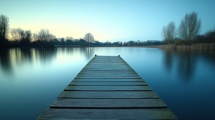 Fototapeta premium A serene wooden dock extending into a calm lake at dusk, surrounded by trees.