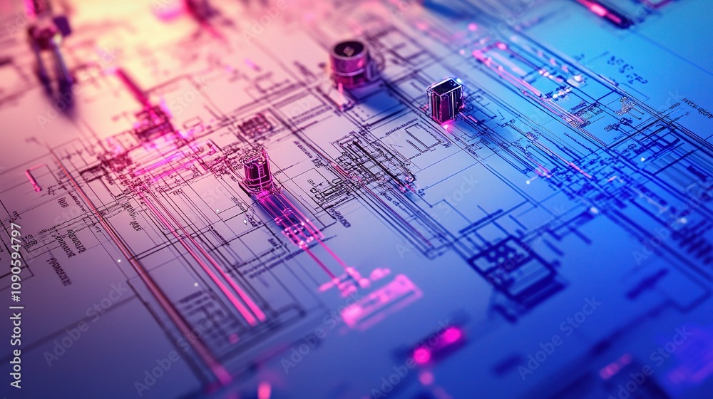 Poster abstract technology blueprint with neon lights and circuit patterns for innovative design and digita