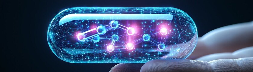 A molecular future delivery structure drug trends capsule containing glowing molecular structures, suggesting advanced technology or medicine.
