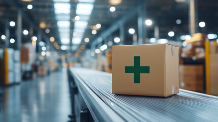 cardboard box with green cross symbol sits on conveyor belt in large, well lit warehouse, suggesting efficient logistics and medical supply distribution