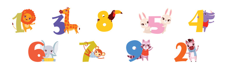 Obraz premium Cute Animal Character with Number and Numeral Vector Set