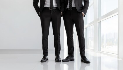 Fototapeta premium Professional partners in sharp suits standing in a bright, modern office poised and composed, emphasizing corporate excellence and unity