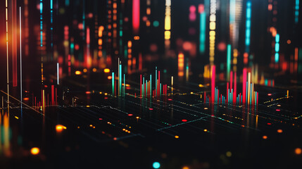 Obraz premium Abstract black background with Colorful charts and graphs with statistics to innovative analyze business potential and forecast future development of companies growth.