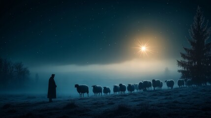 Silhouetted shepherd with sheep in a foggy night  a christmas scene of tranquility and wonder