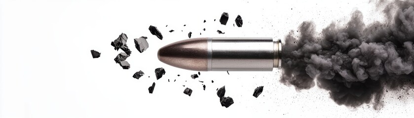 Bullet in motion with black smoke and debris trailing behind isolated on white intense detail symbolizing speed and destructive power