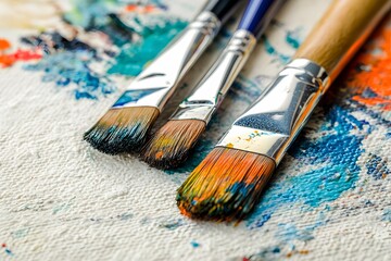 Obraz premium Colorful paint splatters on a white canvas. Soft light. Minimalist background for Inspire Your Heart With Art Day.