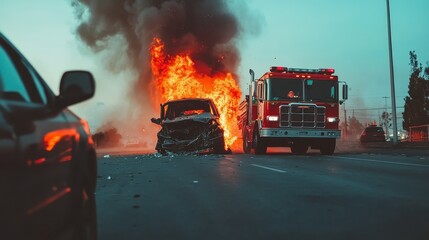A car engulfed in flames with a fire truck responding at the scene of an accident.