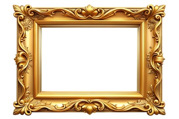 Shiny Golden Frame Image. Artistic Gold Frame Detail. Antique Gold Frame on White.