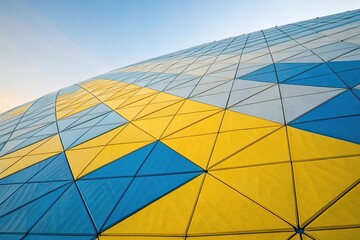 Geometric pattern featuring blue and yellow hues in a gradient format, abstract design, artful background, blue gradient