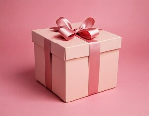 Fototapeta premium Blank pink pastel color present box or open gift box with pink ribbon and bow isolated on pink pastel color background with shadow. Ai generated image.