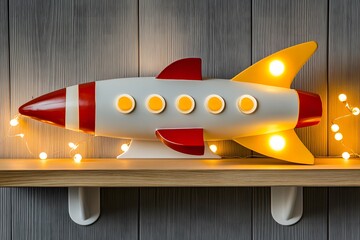 Close-up of a rocket model on a wooden shelf. Bright light. Minimal background for National Science Fiction Day.