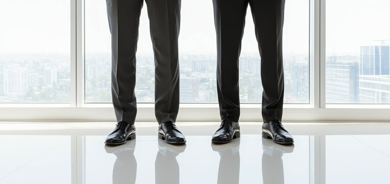 Professional partners in sharp suits standing in a bright, modern office poised and composed, emphasizing corporate excellence and unity