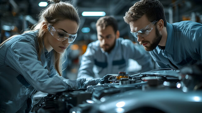 Automotive repair techniques workshop environment professional photography focused collaboration engineering skills development