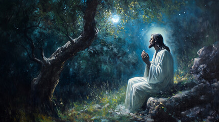 Classic Oil Painting Depicting Jesus Praying in the Garden of Gethsemane at Night