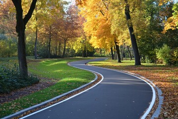 Obraz premium A winding path through a vibrant autumn park with colorful trees and fallen leaves.