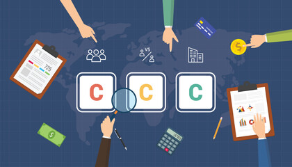 3C business model framework with teamwork brainstorming at the table with world maps view from top