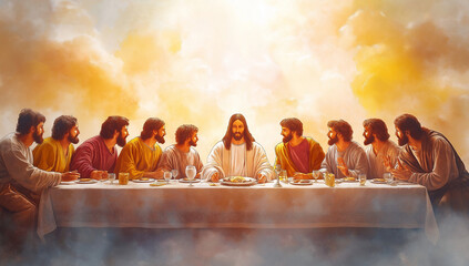 The Last Supper. Jesus. Maundy Holy Thursday. New Testament. Watercolor Biblical Illustration
