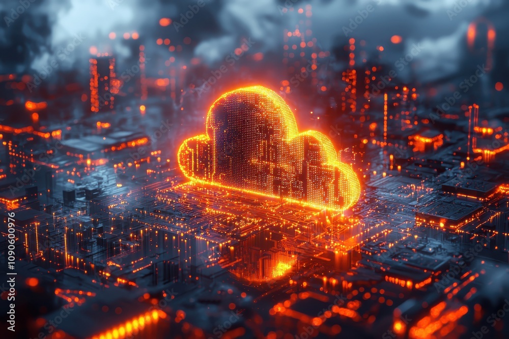 Poster exploring futuristic cloud computing concepts a glowing circuit display in a digital landscape