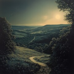 Fototapeta premium A serene landscape with winding path, lush greenery, and rolling hills under a dramatic sky at dusk.
