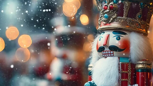 A charming nutcracker sits decoratively as soft snowflakes fall gently in a delightful Christmas environment. Twinkling lights create a magical atmosphere, enhancing the holiday spirit.