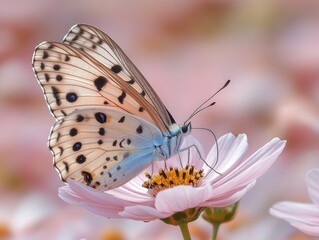 Obraz premium A delicate butterfly rests on a pink flower. The image showcases the beauty of nature and the intricate details of a butterfly's wings.