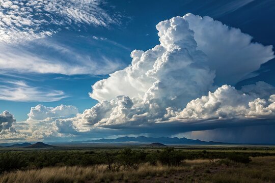 Majestic thunderheads gather on the horizon, their dark anvil-shaped peaks set against a brilliant electric blue sky with wispy cirrus clouds, turbulent movement, atmospheric contrast, vibrant hues