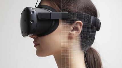 Side profile featuring VR headset and grid overlay.
