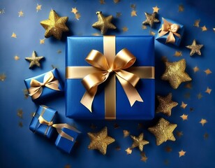 Illustration of blue gifts with golden bows and ribbons placed on blue background near stars