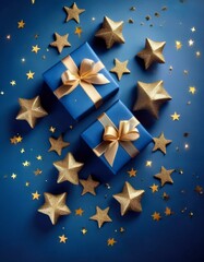 Obraz premium Illustration of blue gifts with golden bows and ribbons placed on blue background near stars