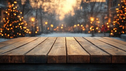 Wooden table with bokeh lights. Perfect for showcasing products or drinks in a cozy, festive setting.