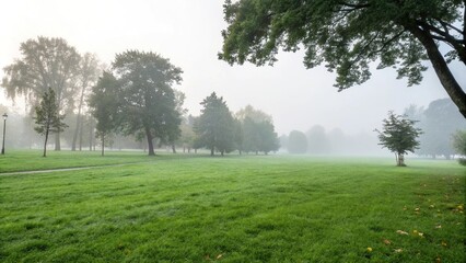 Obraz premium Misty morning in the park with a blurred green grassy background, foliage, nature