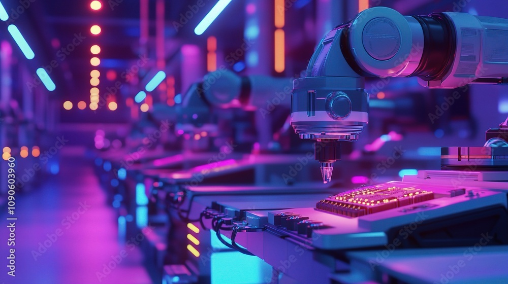 Poster futuristic industrial robots in neon-lit factory setting with precision tools and advanced technolog