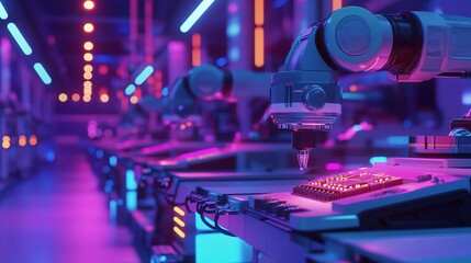 Futuristic Industrial Robots in Neon-Lit Factory Setting with Precision Tools and Advanced Technology for Automation and Innovation