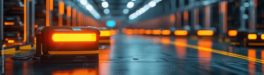 Poster robots efficiently sorting products in a futuristic warehouse environment for streamlined logistics