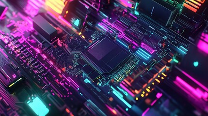 Obraz premium Vibrant Abstract Electronic Circuit Background with Neon Colors Highlighting Components and Structures in a Futuristic Technology Setting