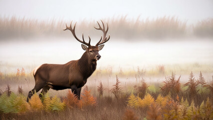 Obraz premium A young deer stands in the middle of a grassland with fog and forest as a backdrop.