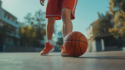 Naklejka premium Outdoor Basketball Player Dribbling Ball on Court During Sunny Day