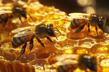 Background with bees working on honeycomb. Beekeeping, honey production, and pollination