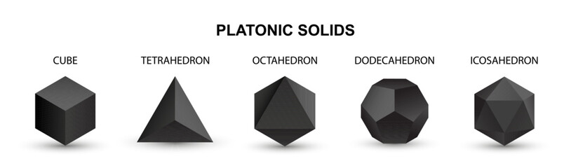 Set of black vector editable 3D platonic solids isolated on white background. Mathematical geometric figures such as cube, tetrahedron, octahedron, dodecahedron, icosahedron. Icon, logo, button.