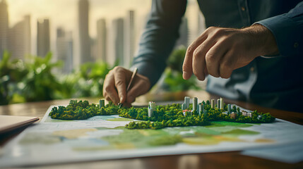 Fototapeta premium Architect Designs Sustainable City Model with Lush Greenery and Modern Buildings, Integrating Nature into Urban Planning.