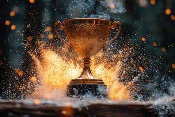 Victory unleashed golden trophy ignites flames of glory in a dynamic setting