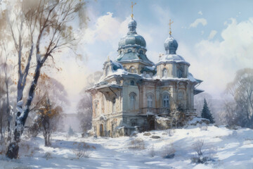 Obraz premium an old church building with domes covered in snow. 